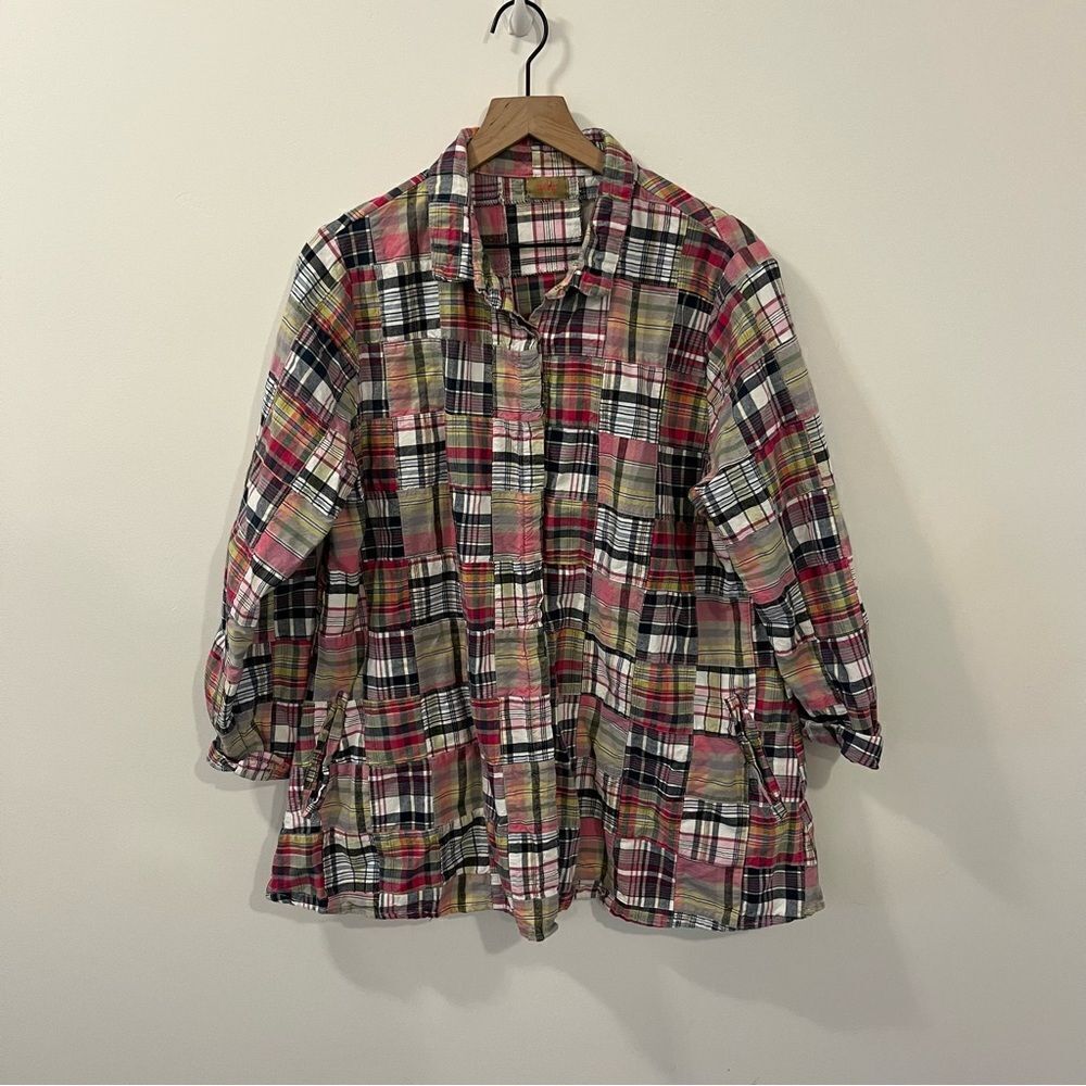 Tulip Patchwork Multicolored Button Front Top Med… - image 1